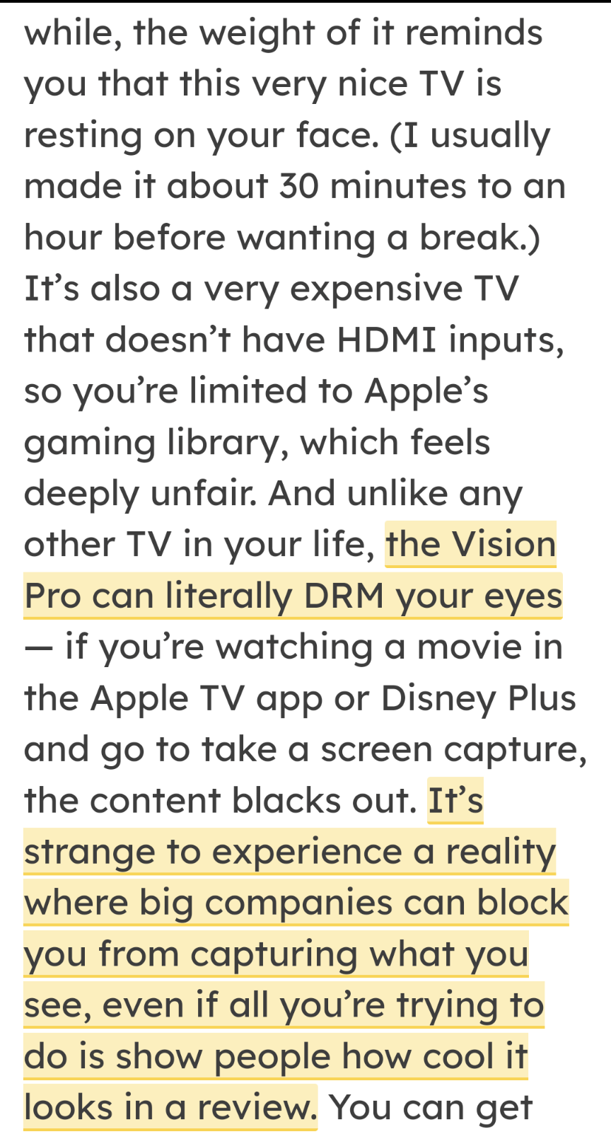 Screenshot of portion of linked article which includes quote