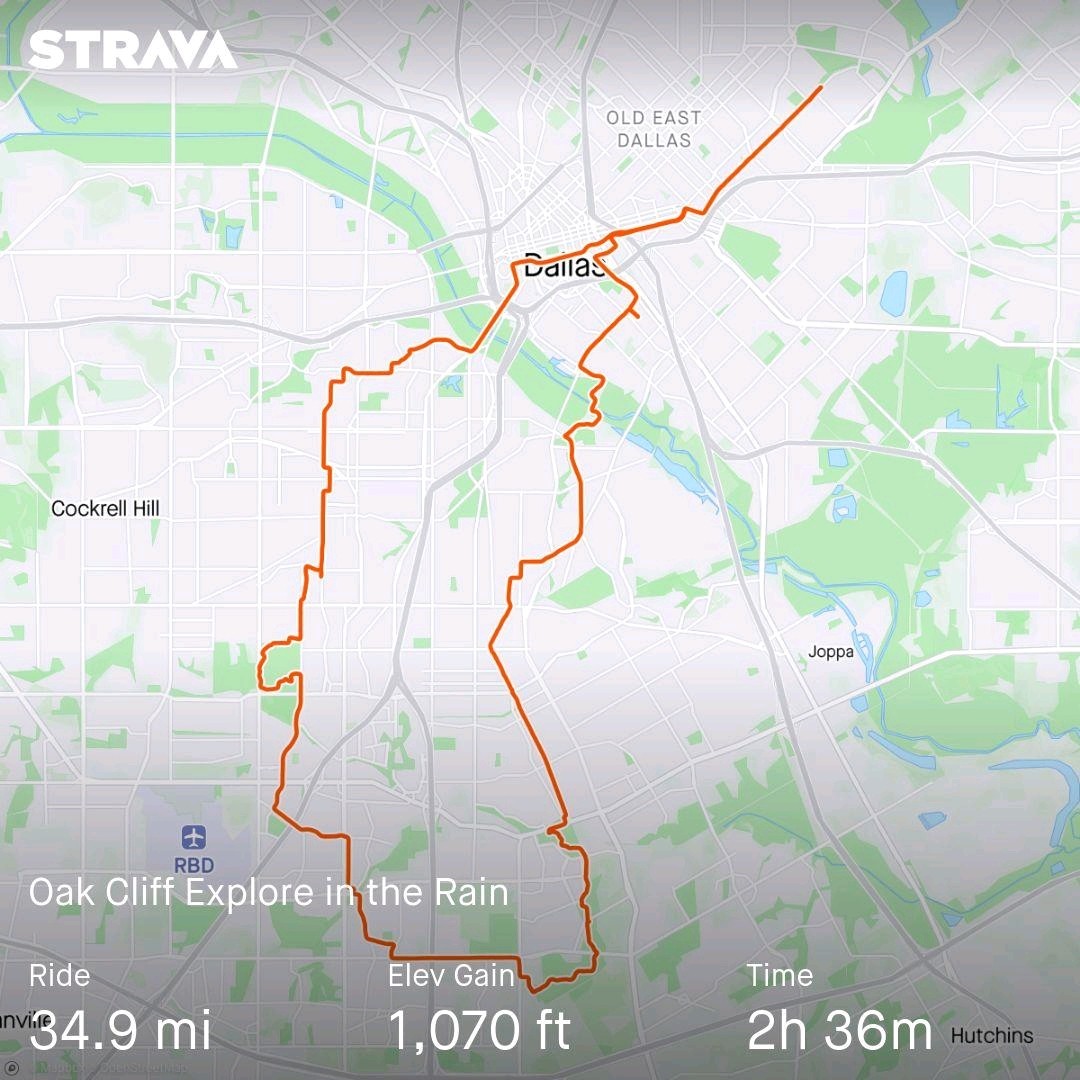 A map showing a 35 mile bike route through the Oak Cliff neighborhood of Dallas, TX