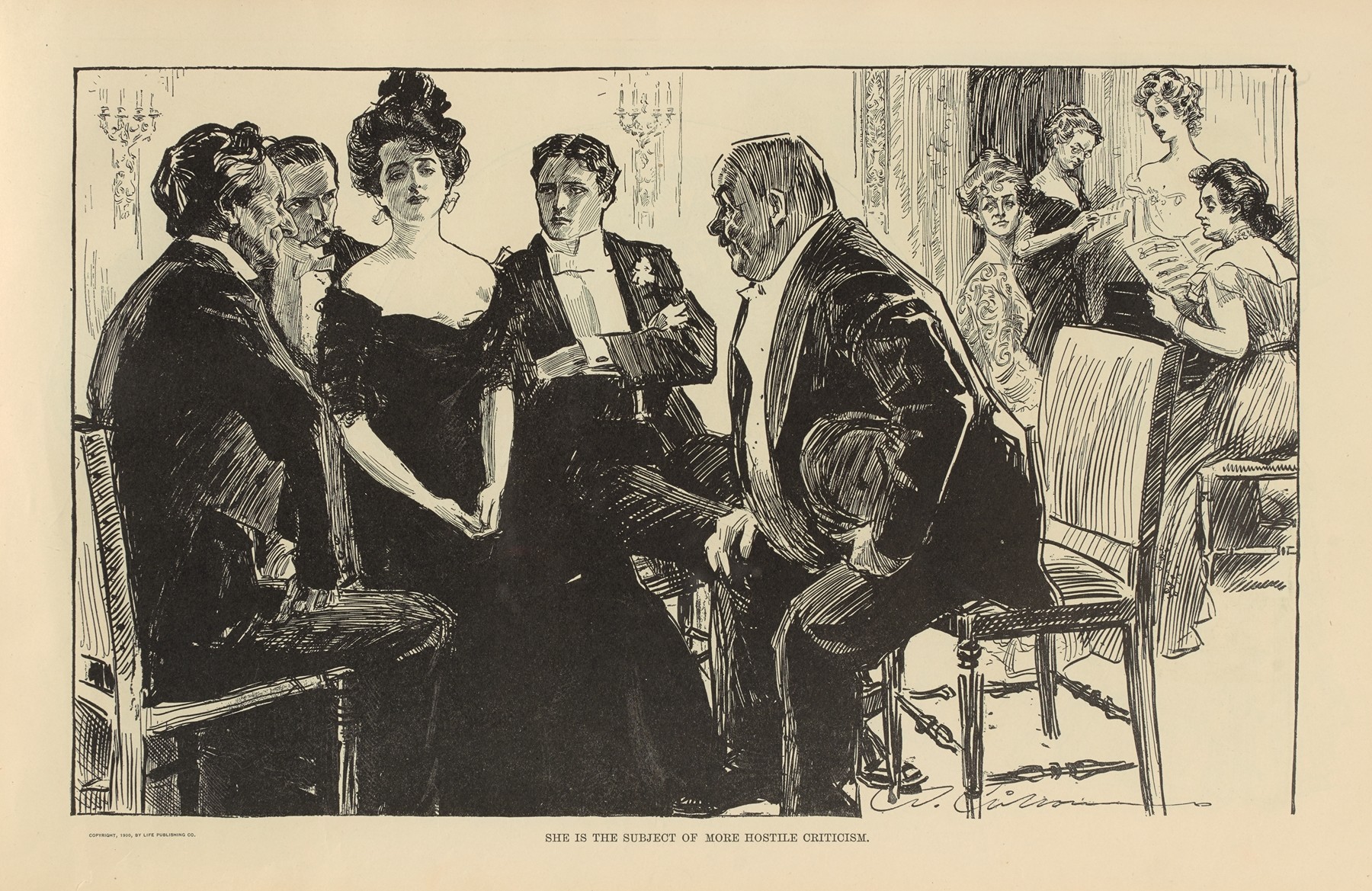 She is the subject of more hostile criticism (1900-1905)
Charles Dana Gibson (American, 1867 - 1944)

An illustration of a woman surrounded by four men, looking at her with disdain 