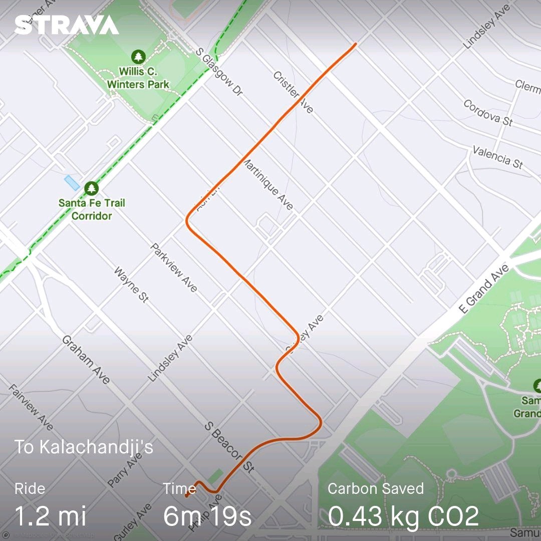 Strava map of 1.2 mile bike route titled "To Kalachandji's"