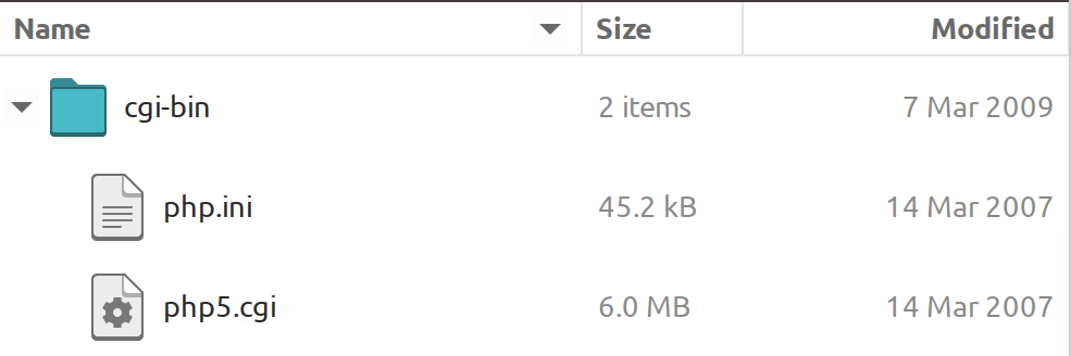 a cgi-bin folder containing `php.ini` and `php5.cgi`, both modified on 14 Mar 2007