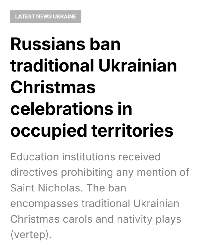 Screenshot of article, "Russians ban traditional Ukrainian Christmas celebrations"