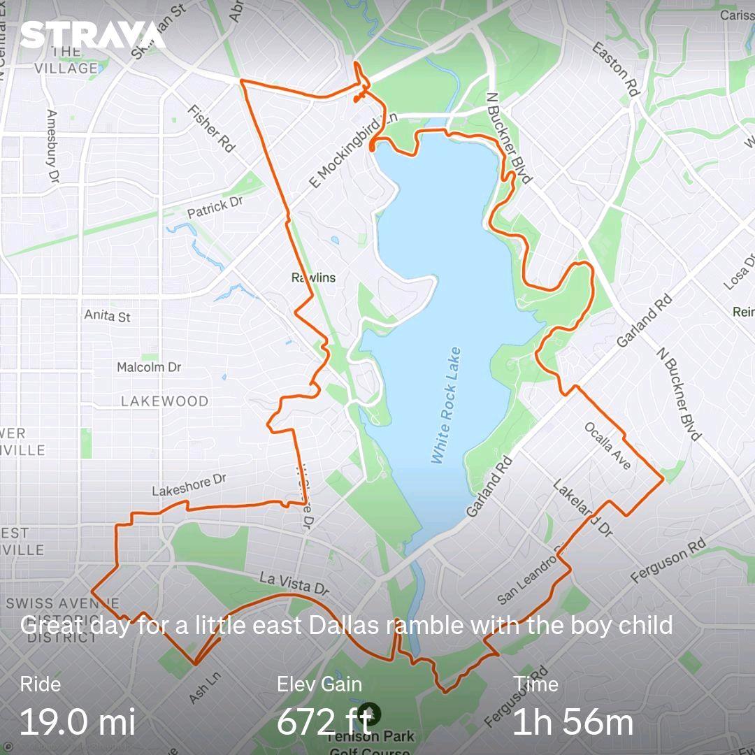 A Strava screenshot of a 19 mile ride around east Dallas 