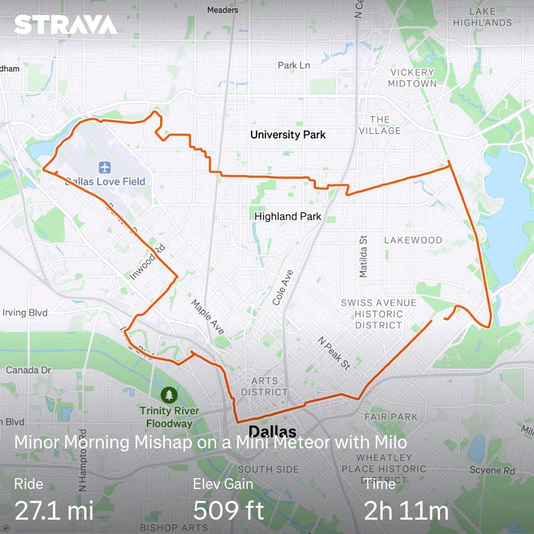 Strava map of a 27 mile ride around Dallas TX