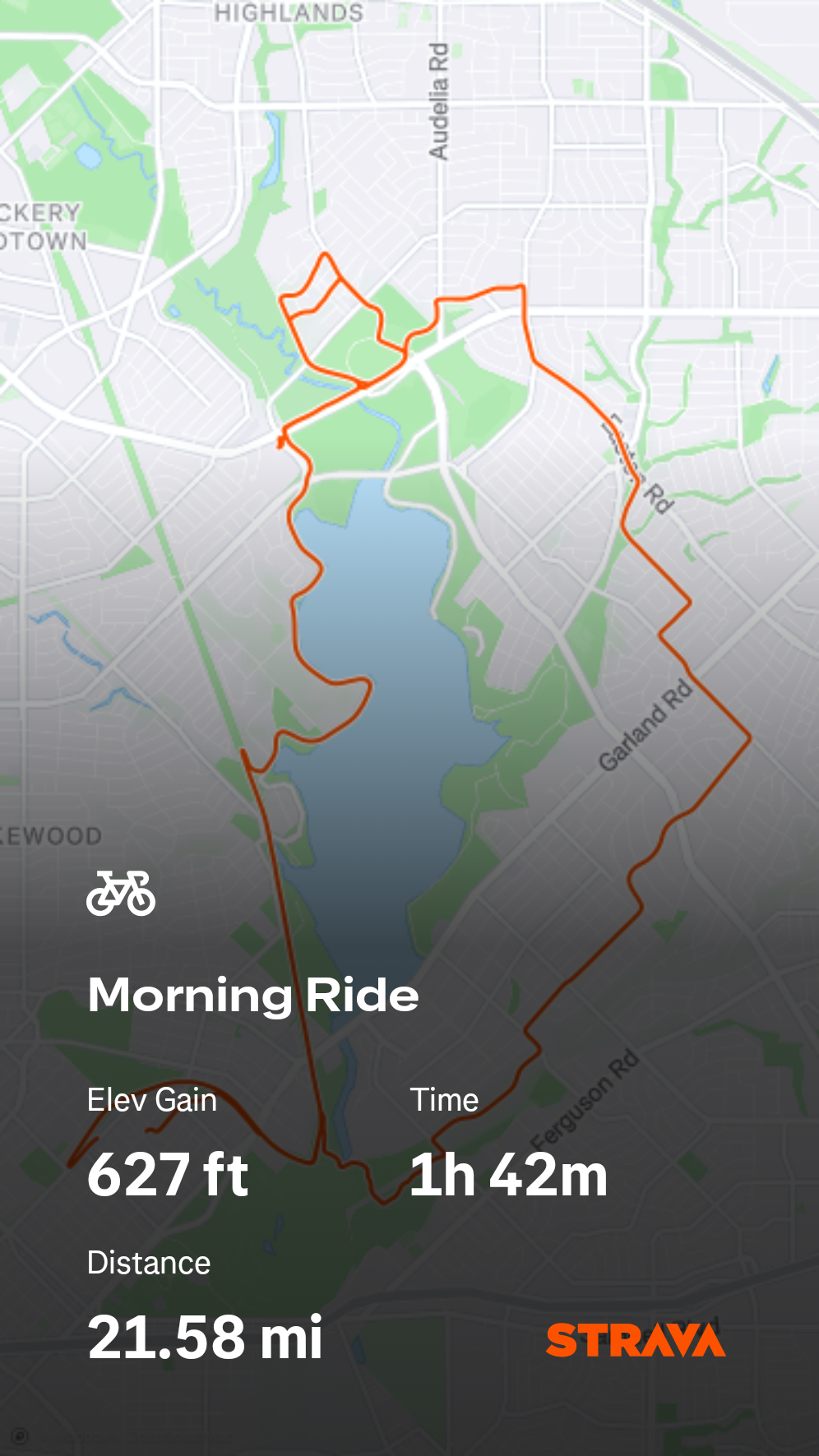 A map of a 21.58 mile bike ride around East Dallas