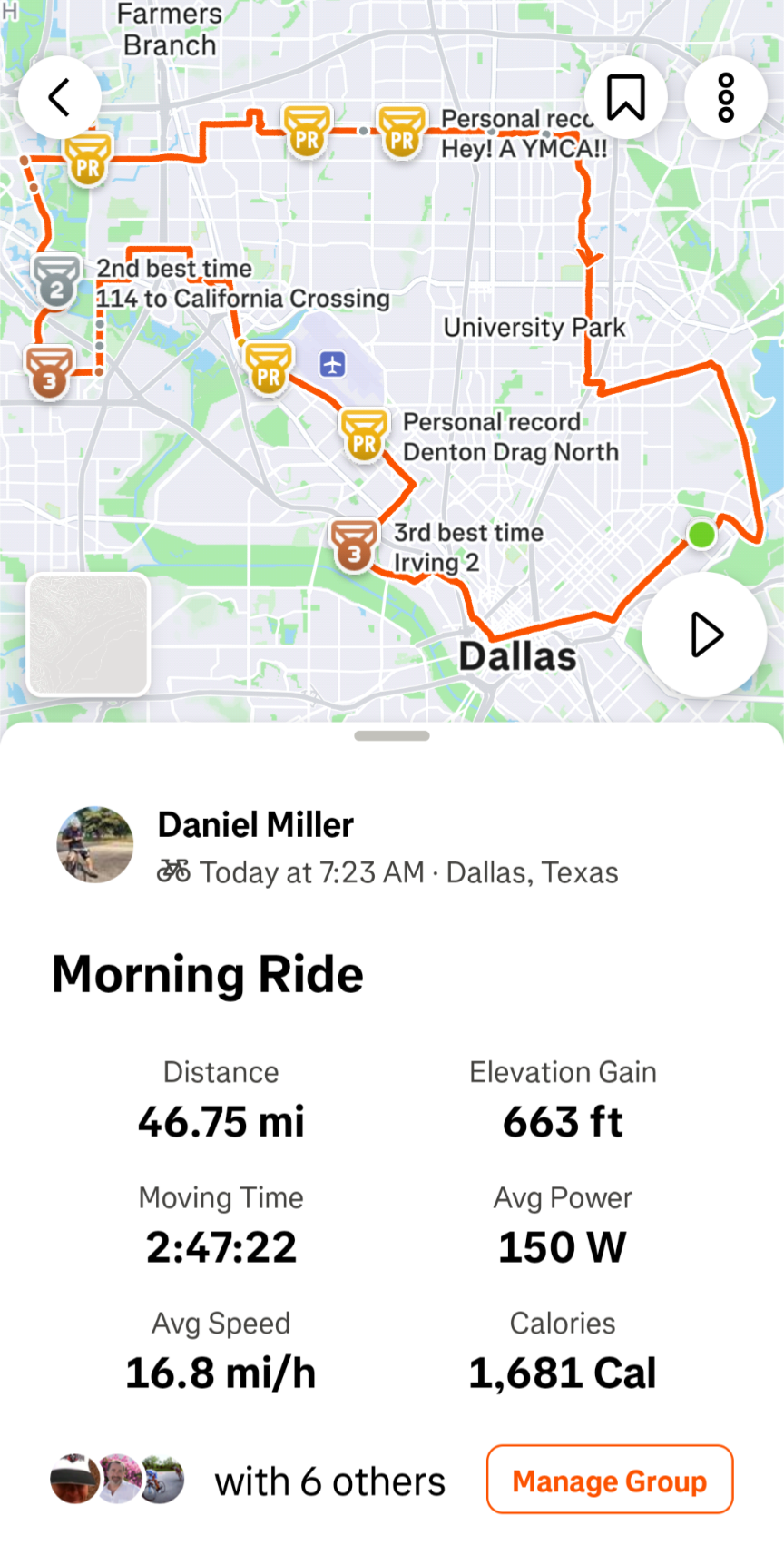 A Strava screenshot showing a 46 mile bike ride 