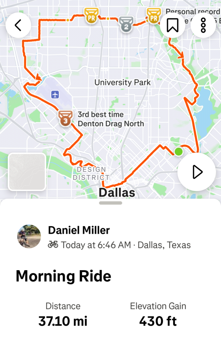 Strava map of 37 mile bicycle ride around Dallas TX