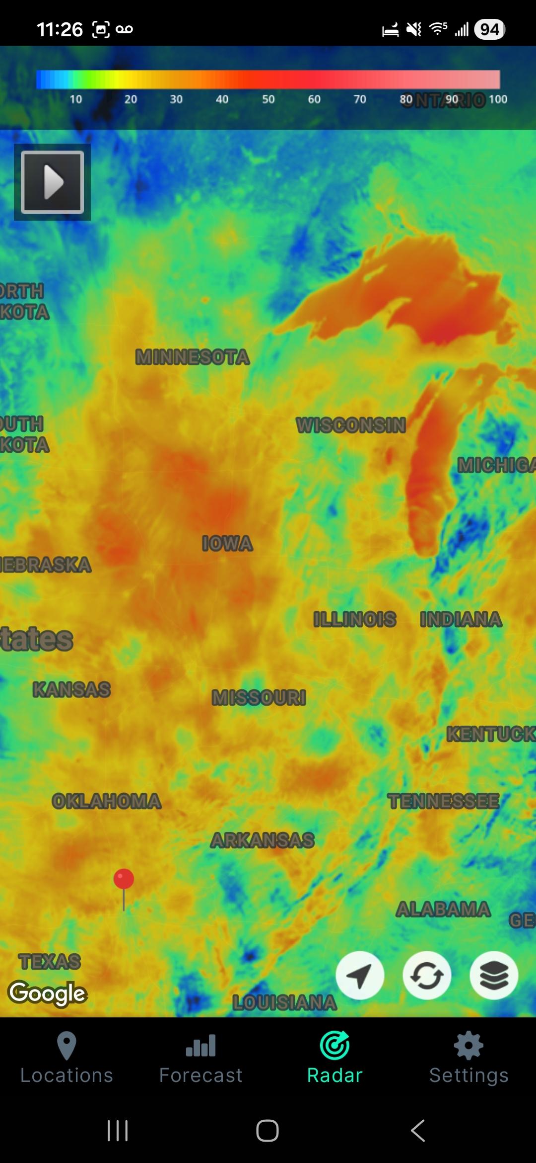 A screenshot of a wind weather map showing most of the Midwest with severe wind but especially the area over Iowa and the Great Lakes look like on a normal map because they are just solid red